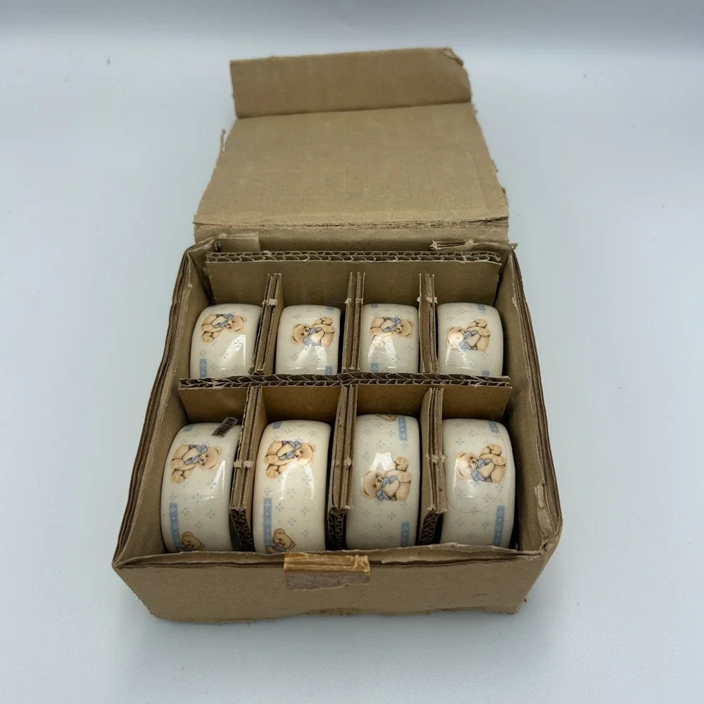 Vintage 80s Stoneware Country Bears Tienshan Napkin Rings Set Cottage Theodore